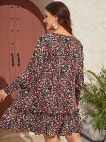 SHEIN VCAY Vestido con estampado floral de manga farol - Multicolor - Ver 2