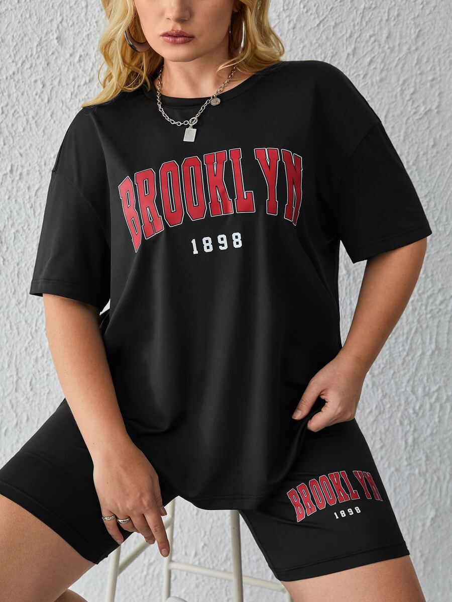 SHEIN EZwear 大碼字母圖案落肩T恤和騎行褲 - 黑色 - 查看 1