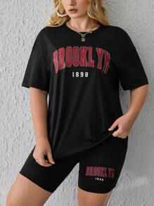 SHEIN EZwear 大碼字母圖案落肩T恤和騎行褲 - 黑色 - 查看 3