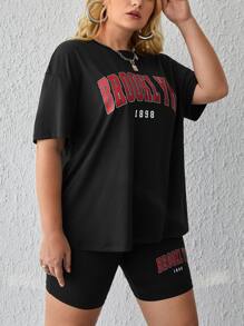 SHEIN EZwear 大碼字母圖案落肩T恤和騎行褲 - 黑色 - 查看 4