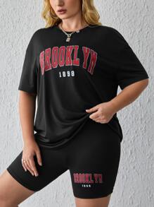 SHEIN EZwear 大碼字母圖案落肩T恤和騎行褲 - 黑色 - 查看 5