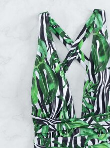 Tropical Plunging One Piece Swimsuit - Green - View 5