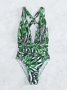 Tropical Plunging One Piece Swimsuit - Green - View 4