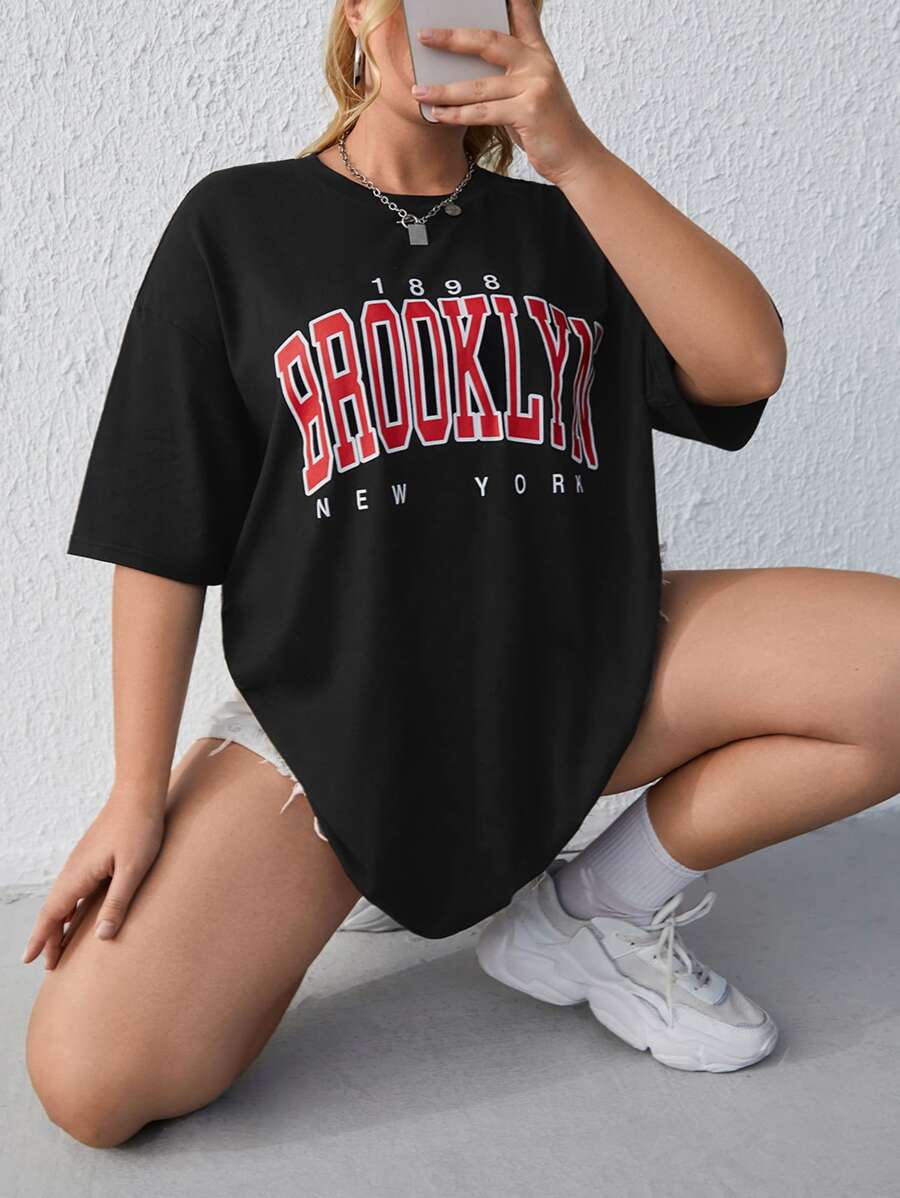 SHEIN EZwear Áo thun Plus size Lá thư Giải trí - màu đen - Xem 1