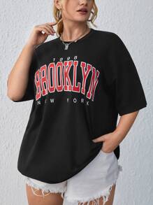 SHEIN EZwear Áo thun Plus size Lá thư Giải trí - màu đen - Xem 3