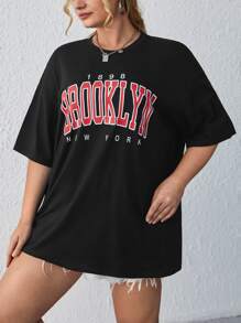 SHEIN EZwear Áo thun Plus size Lá thư Giải trí - màu đen - Xem 4