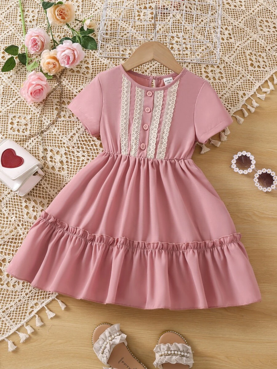 小女童水溶蕾絲拼接荷葉邊連衣裙 - 粉色 - 查看 1