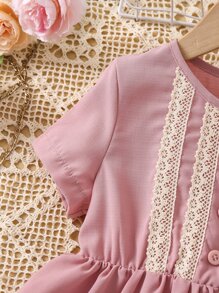 小女童水溶蕾絲拼接荷葉邊連衣裙 - 粉色 - 查看 5