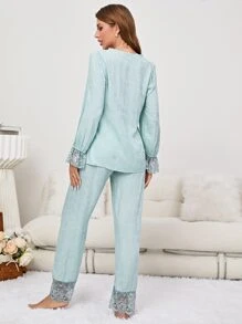 Eyelash Lace Panel Flounce Sleeve PJ Set - Mint Green - View 2