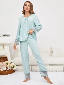 Eyelash Lace Panel Flounce Sleeve PJ Set - Mint Green - View 3