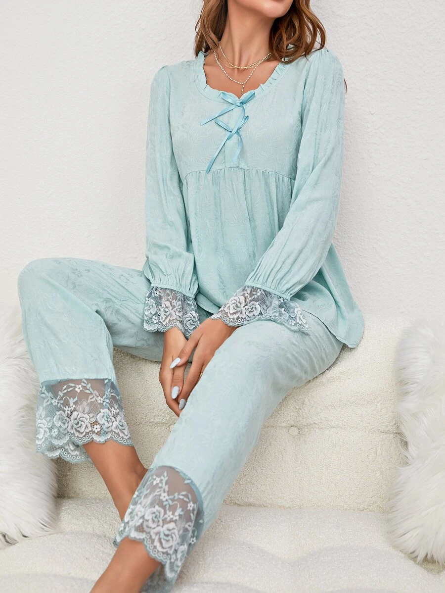 Eyelash Lace Panel Flounce Sleeve PJ Set - Mint Green - View 1