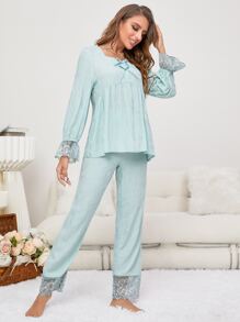 Eyelash Lace Panel Flounce Sleeve PJ Set - Mint Green - View 6