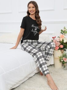 Slogan Graphic Tee & Plaid Print Trousers PJ Set - Black and White - View 1