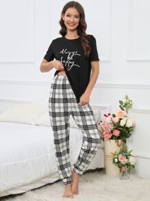Slogan Graphic Tee & Plaid Print Trousers PJ Set - Black and White - View 3