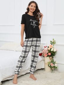 Slogan Graphic Tee & Plaid Print Trousers PJ Set - Black and White - View 5
