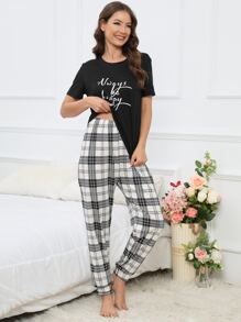 Slogan Graphic Tee & Plaid Print Trousers PJ Set - Black and White - View 6