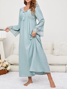 Váy ngủ & áo ngủ Nữ Tương phản ren Thắt nơ trước màu trơn Thanh lịch - Màu xanh Cadet - Xem 4