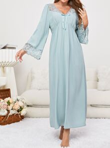 Váy ngủ & áo ngủ Nữ Tương phản ren Thắt nơ trước màu trơn Thanh lịch - Màu xanh Cadet - Xem 5