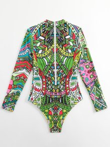 Allover Print Zip Back One Piece Swimsuit - Green - View 3