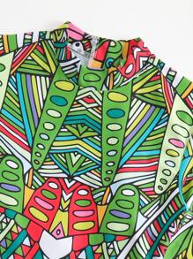 Allover Print Zip Back One Piece Swimsuit - Green - View 4