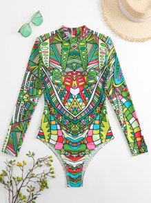 Allover Print Zip Back One Piece Swimsuit - Green - View 6