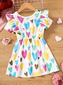 Niñitas Vestido con estampado de corazón ribete con fruncido - Blanco - Ver 1