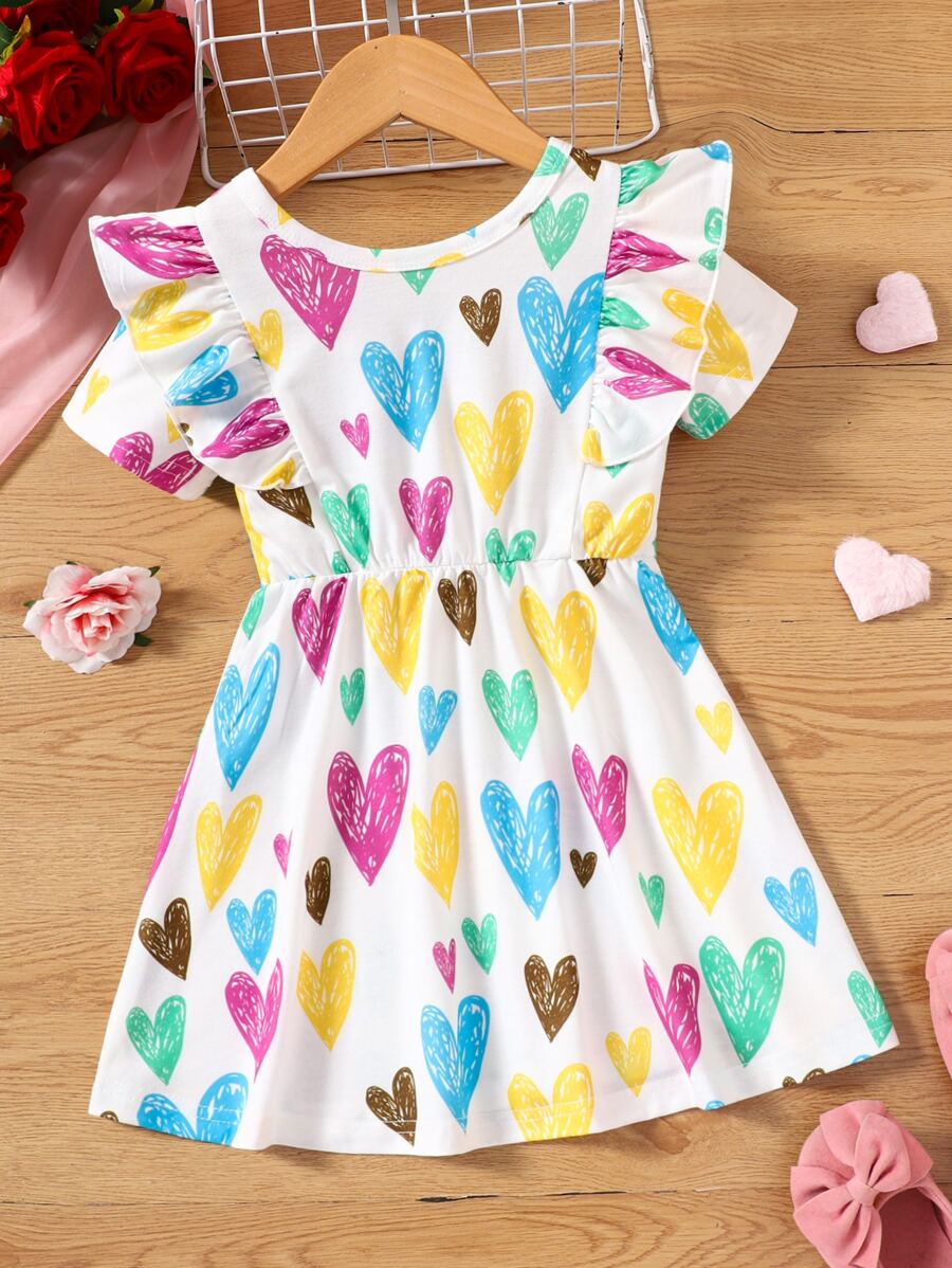 Niñitas Vestido con estampado de corazón ribete con fruncido - Blanco - Ver 1
