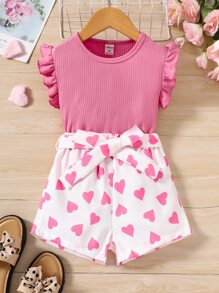 小女童荷葉邊上衣和愛心圖案附腰帶短褲 - 彩色 - 查看 1