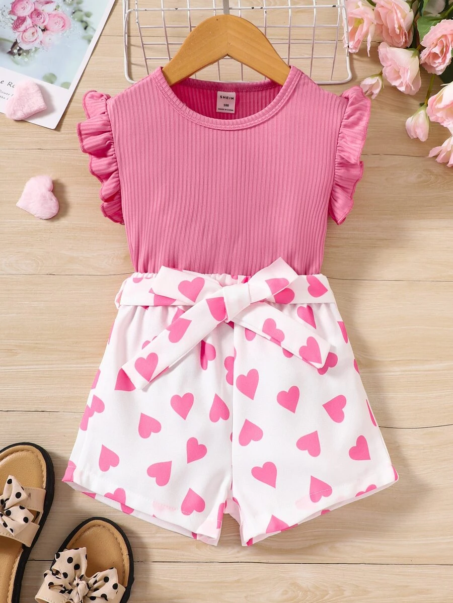小女童荷葉邊上衣和愛心圖案附腰帶短褲 - 彩色 - 查看 1