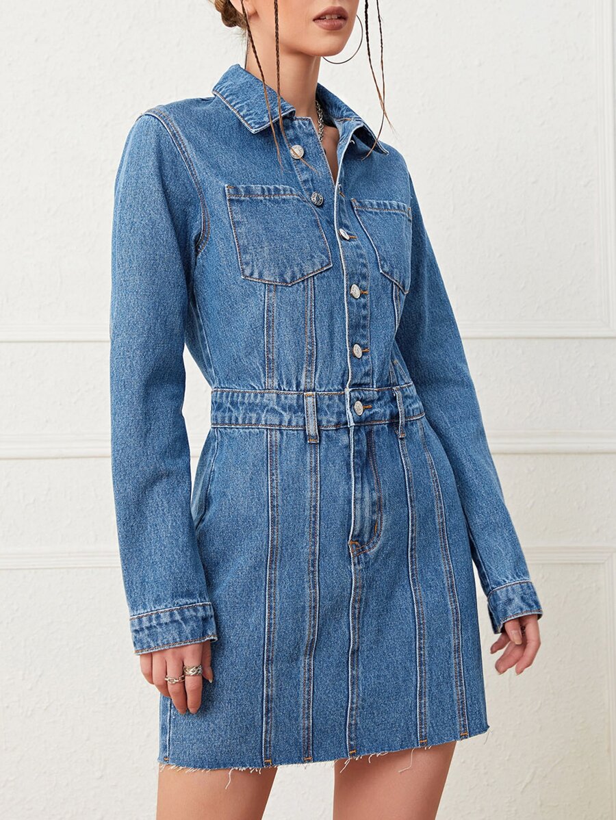 Patch Pocket Shirt Denim Dress - Medium Wash - View 1