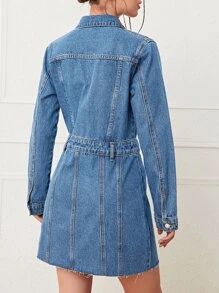 Patch Pocket Shirt Denim Dress - Medium Wash - View 2
