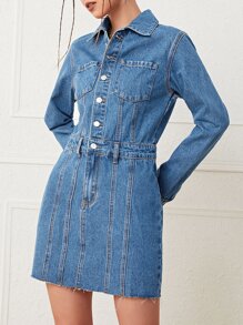 Patch Pocket Shirt Denim Dress - Medium Wash - View 3