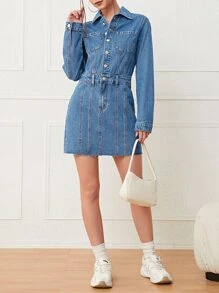 Patch Pocket Shirt Denim Dress - Medium Wash - View 4