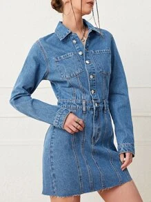 Patch Pocket Shirt Denim Dress - Medium Wash - View 5