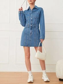 Patch Pocket Shirt Denim Dress - Medium Wash - View 6