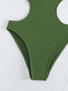 羅紋鏤空鋼圈連體泳衣 - 軍綠色 - 查看 6