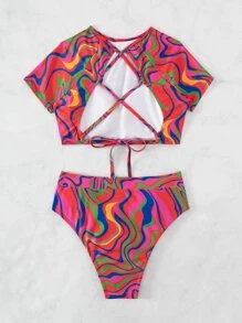 Allover Print High Waisted Summer Beach Bikini Set - Multicolor - View 7