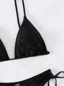 純色綁帶式比基尼套裝，適用於夏季沙灘 - 黑色 - 查看 7