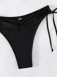 純色綁帶式比基尼套裝，適用於夏季沙灘 - 黑色 - 查看 3