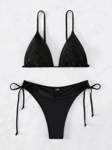 純色綁帶式比基尼套裝，適用於夏季沙灘 - 黑色 - 查看 5