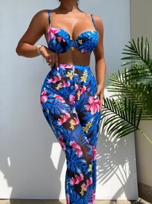 花和熱帶圖案比基尼套裝帶沙灘褲