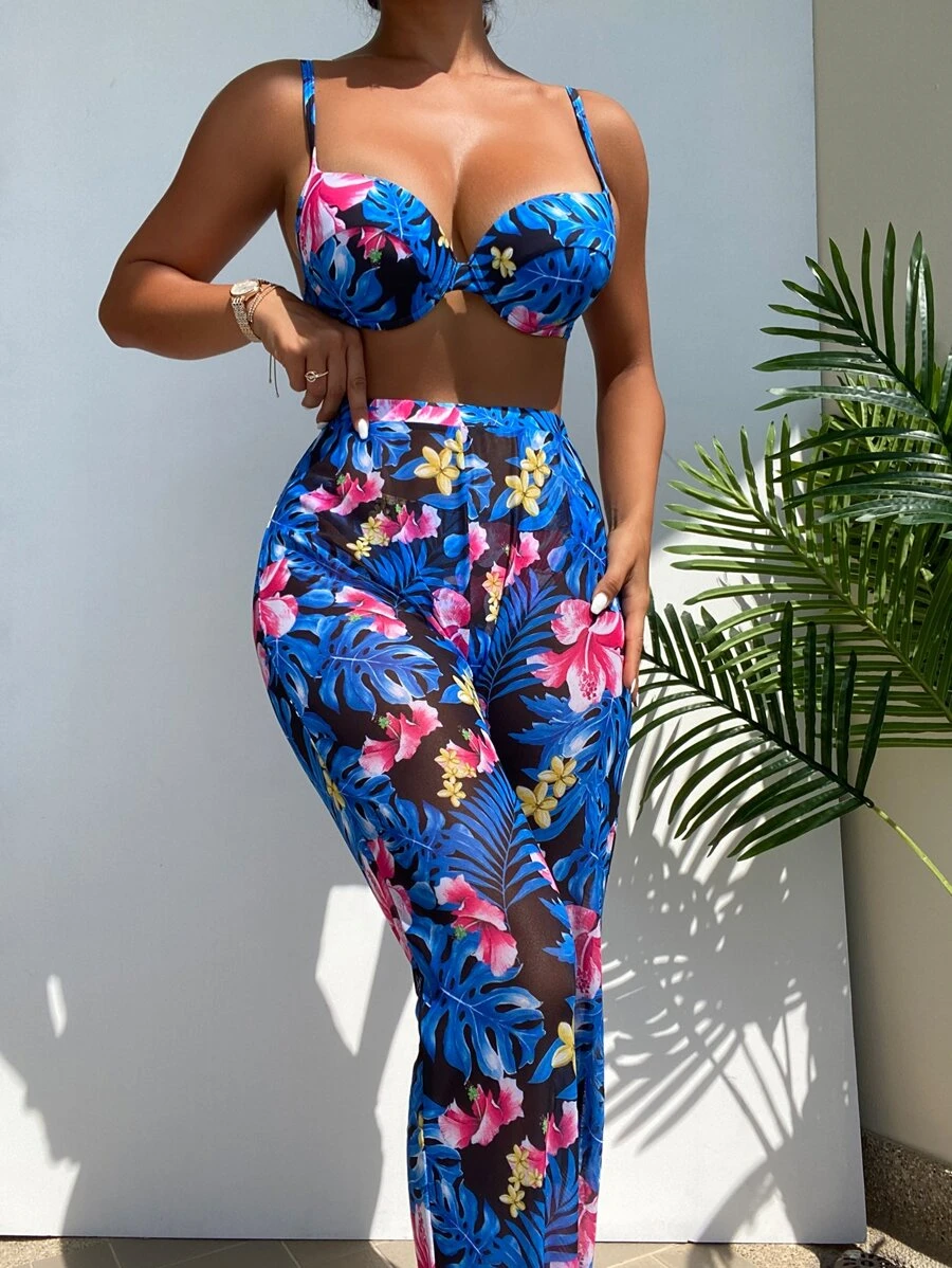 花和熱帶圖案比基尼套裝帶沙灘褲