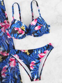 花和熱帶圖案比基尼套裝帶沙灘褲