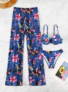 花和熱帶圖案比基尼套裝帶沙灘褲