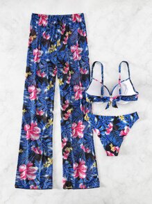 花和熱帶圖案比基尼套裝帶沙灘褲