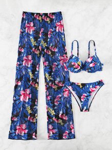 花和熱帶圖案比基尼套裝帶沙灘褲