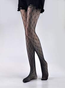 Letter Detail Fishnet Tights - Black - View 2