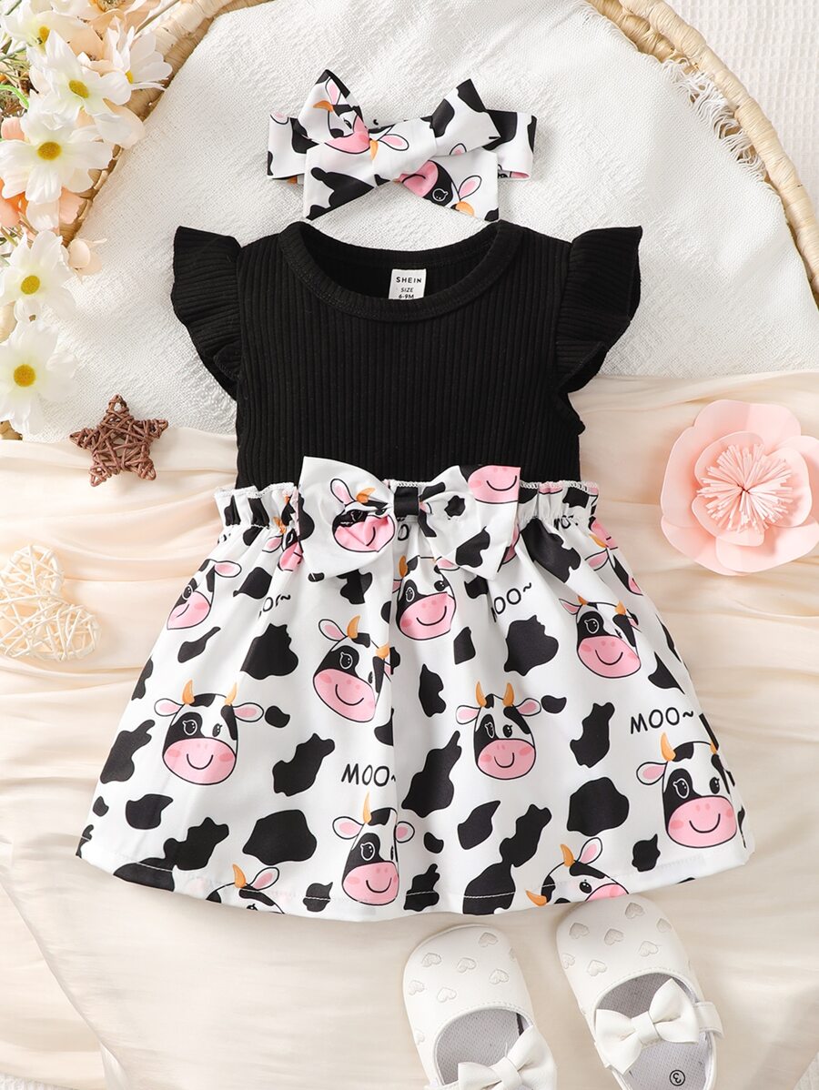 Baby Cow Print Ruffle Trim Bow Front Dress - Đen và trắng - Xem 1