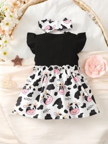 Baby Cow Print Ruffle Trim Bow Front Dress - Đen và trắng - Xem 2