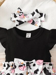 Baby Cow Print Ruffle Trim Bow Front Dress - Đen và trắng - Xem 3